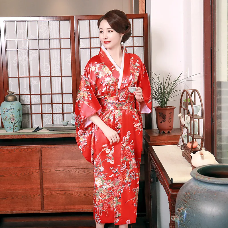 

Onesize Female Japanese Kimono Bathrobe Gown V-neck Satin Evening Party Prom Gown Vintage Cosplay Costume Full Sleeve Gown