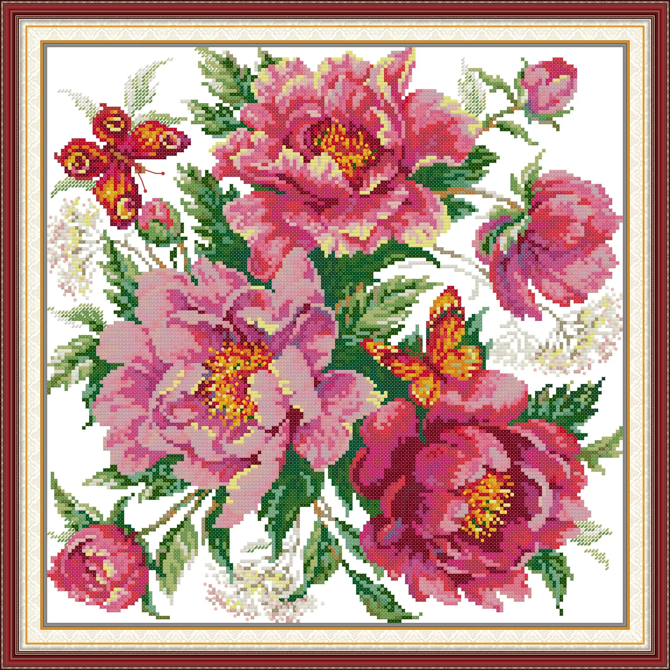 Joy Sunday Pre-printed Cross Stitch Kit  Easy Pattern Aida  Stamped Fabric Embroidery Set-Charming Peony