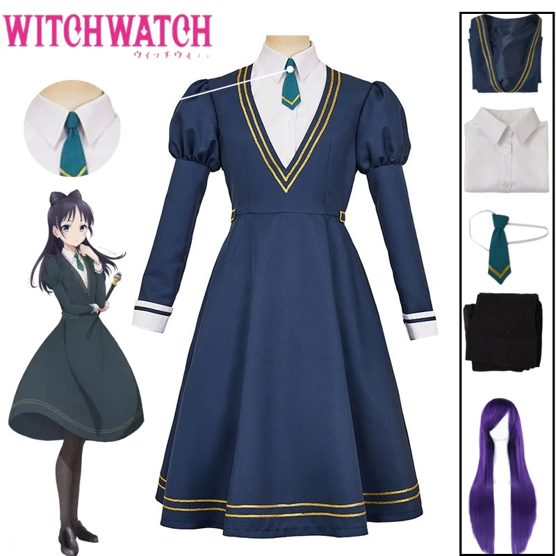 

WITCH WATCH Cosplay Costume Miyao Nemu Elegant Blue JK Dress Academy Uniform Bow Tie Wig Set for Halloween Comic Con Party