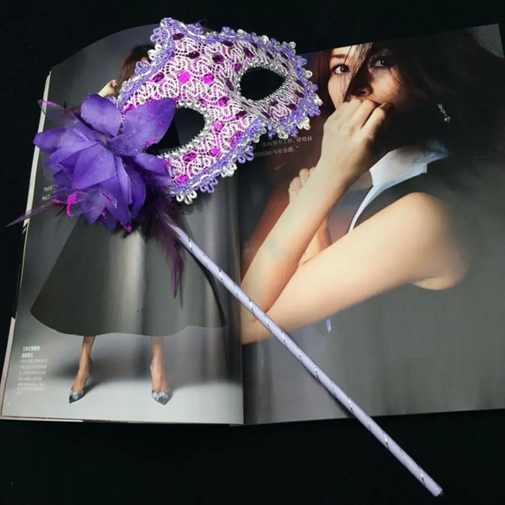 Venetian Party Handheld Masquerade Masks Stick Side Flower Carnival Party White Lace Veil Festival Costume Party