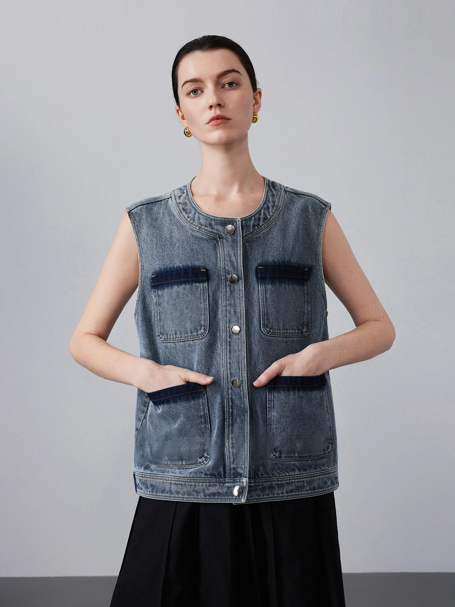 

Женская джинсовая жилетка из хлопка Supima, весна-лето, в стиле Miu Sle Color Blo, ретро, повседневная, удобная, дышащая, с круглым вырезом