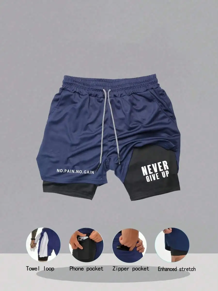 

Motivational Print 2-In-1 Quick-Dry Gym Shorts With Towel Loop, Phone & Zipper Pockets, Elastic Waist For Fitness Running