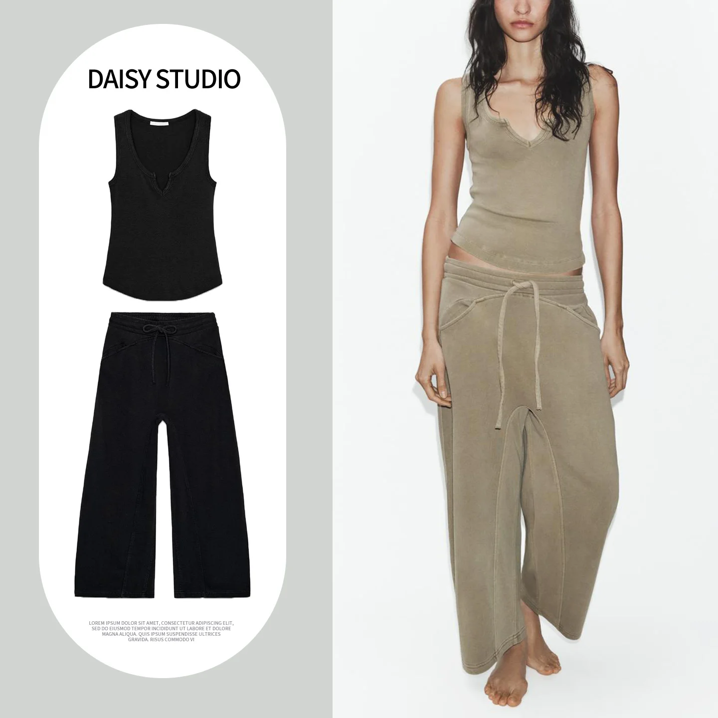 Washed Effect Sleeveless round Neck Elastic Waist Crop Top And Long Pants Women's Fashion Spring Outfit Two-Piece Set