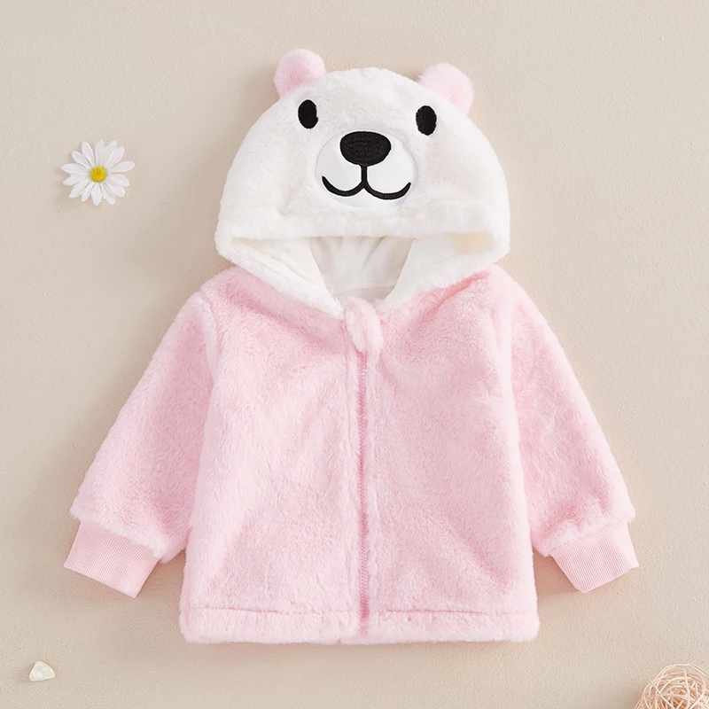 Adorable chaqueta de felpa para niños pequeños, abrigo cálido de invierno con capucha, cremallera frontal, traje de lana para niñas, bonito diseño de animales