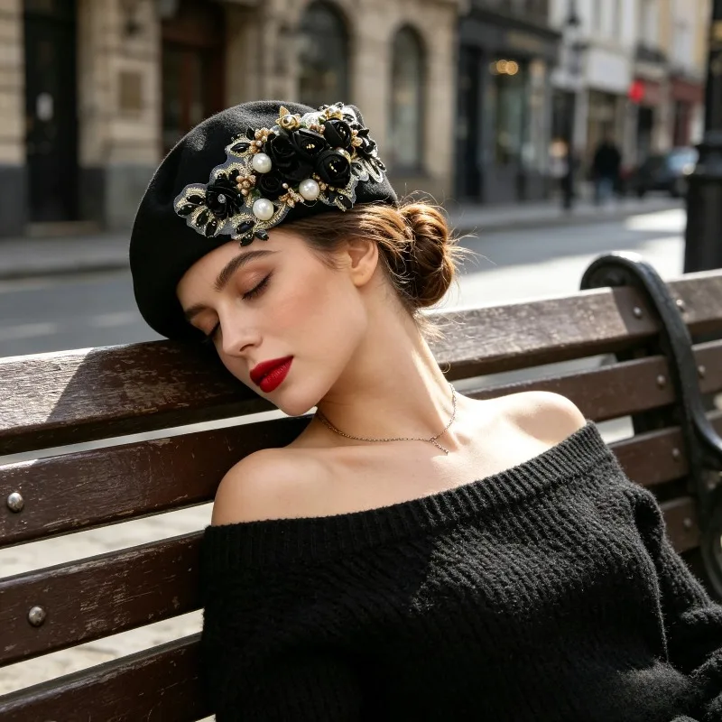 

Soft Felt Turban Cap with Hand Sewn Floral Retro European Design for Church Easter and Spring Horse Race Day