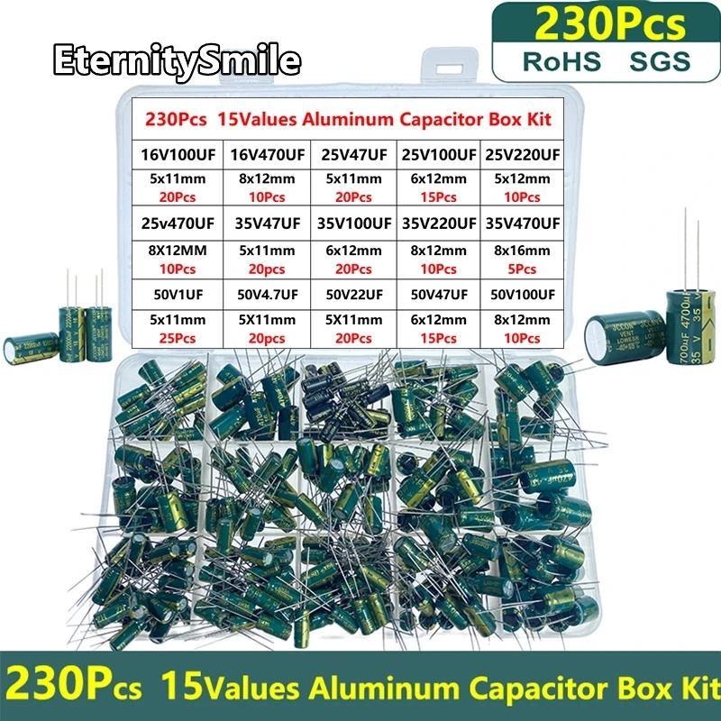 230Pcs/Box Capacitor Kit Aluminum Electrolytic Capacitors Set 15Values 16V 25V 35V 50V 1uF-470uF Assorted Kit Storage Low ESR