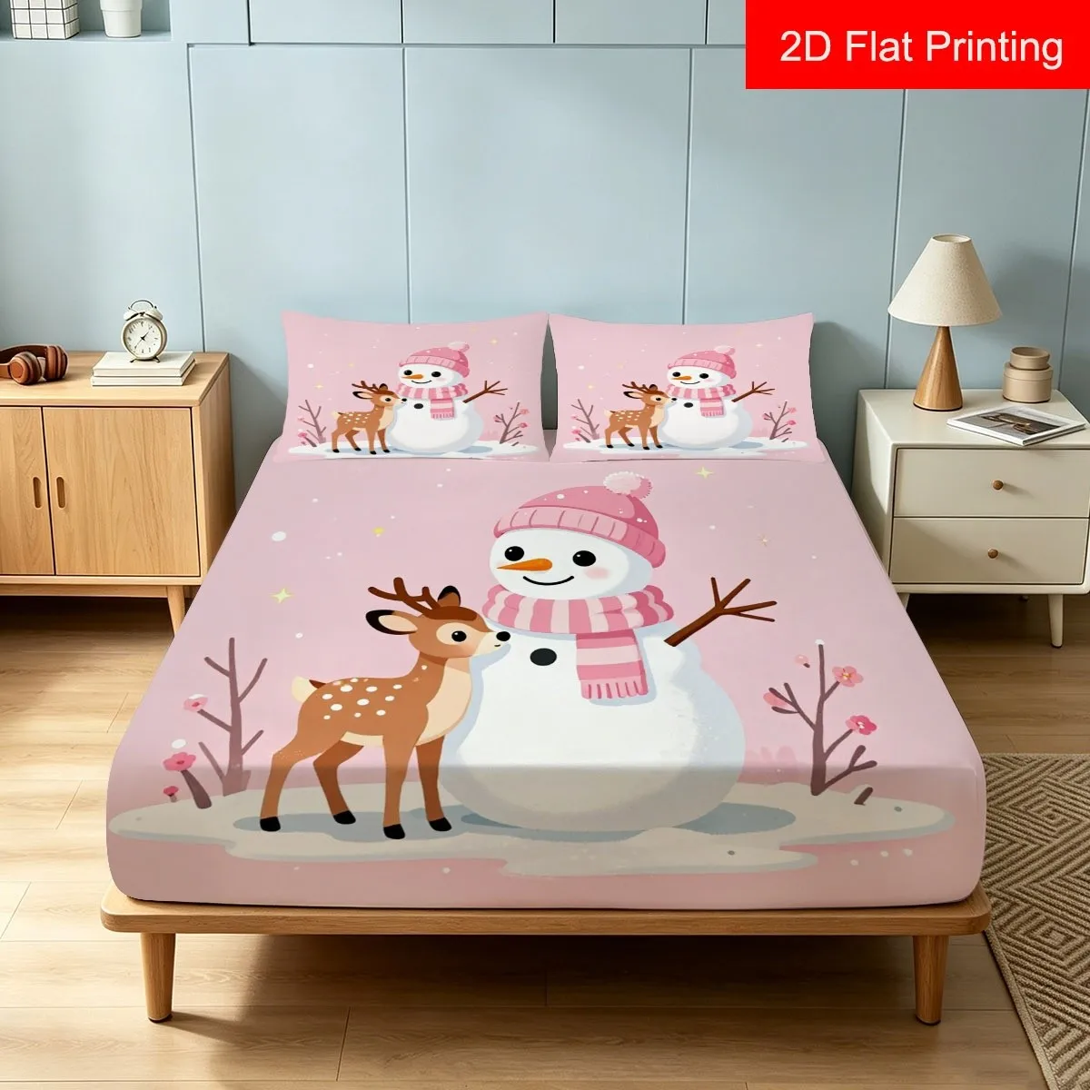 Cute Cartoon Reindeer and Snowman Pink Background with Snowflakes 2D Digital Print Three-Piece Bedding Set (Includes 1 Fitted Sheet + 2 Pillowcases) 3-Piece Set, Large Capacity Deep Pocket 2D Printed Fitted Sheet and 2 Pillowcases Bedding Mattress Protector, Fitted Sheet Style with Elastic Band, Protective Cover, Mattress Protector, Machine Washable Design, Holiday Decoration, Various Sizes, Breathable Protective Cover Plus Pillowcase