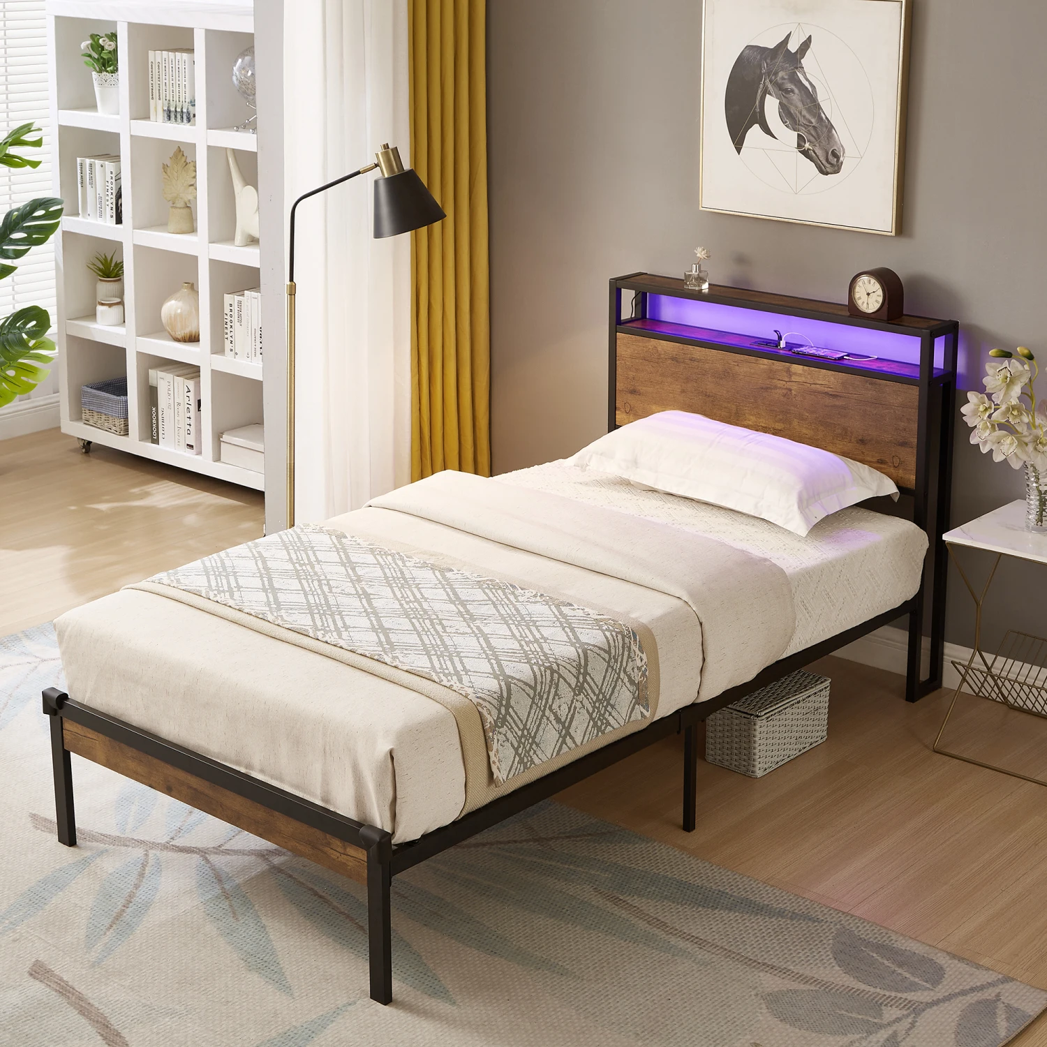 Metal Platform Bed Frame with Wooden Headboard, USB LINER, LED Lights, No Box Spring Needed, Under Bed Storage, Easy Assemble