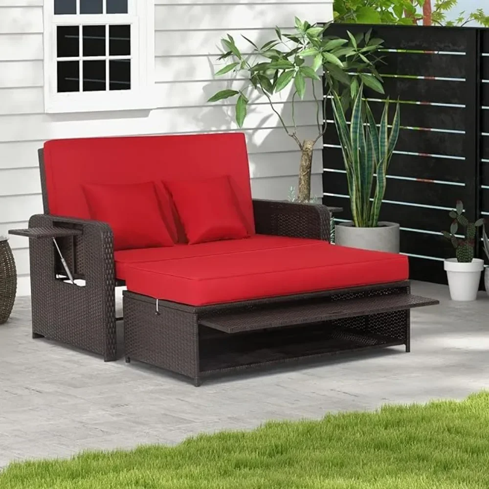 Patio Rattan Daybed, Patiojoy Wicker Loveseat Sofa w/Multipurpose Ottoman & Retractable Side Tray, 4-Level Adjustable Backrest