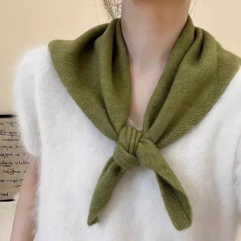 Korean INS Knitted Soft Scarf for Women Wool Winter Warm Scarves Bright Solid Color Thicken Shawl Triangle Fashion Sweet Scarfs