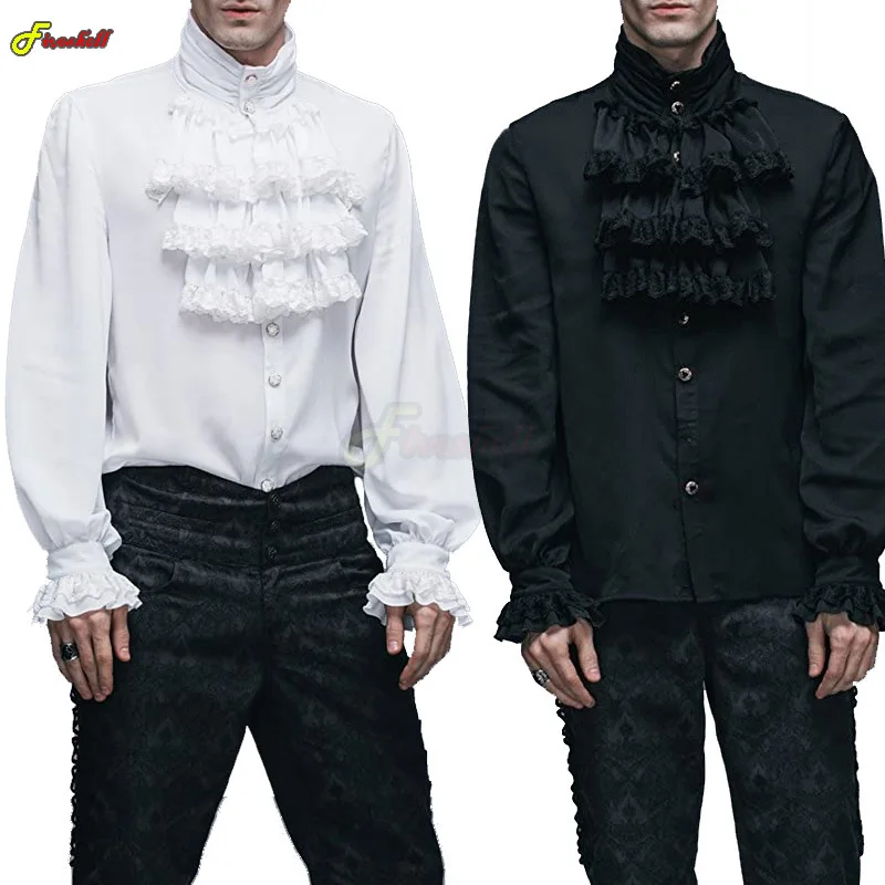 Medieval Men's Cosplay Shirts Turtlenecks Vintage Bandage Victorian Ruffles Gothic Male Jabot Blouse Costume Groom Casual Outfit