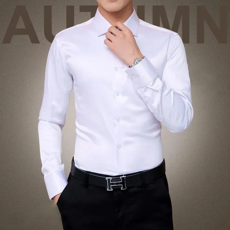 

2024 New Plus Size Men's Casual Fashion Shirt Wedding Dress Long Sleeved Tailcoat Men's Silky Cotton Shirt