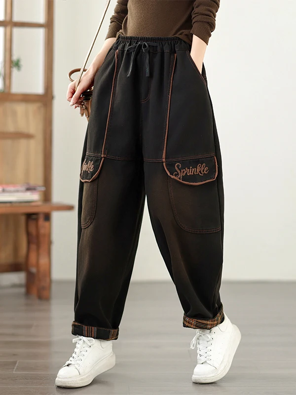 بنطلون جينز نسائي فاخر مبطن بالصوف سميك بتصميم هارلان للخريف والشتاء، طراز جديد كاجوال بأسلوب شخصي عتيق من تسعة أجزاء