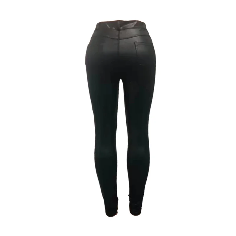 Fashion Solid Color PU Leather Pants Women Slim Fit Pencil Trousers Female Casual Commuter High Waist Button Splicing Trous 2024