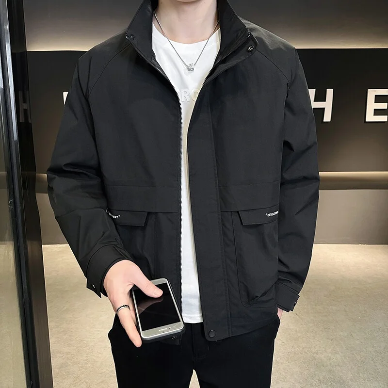 

Spring Autumn Men's Slim Fit Jaet Stand Collar Workwear Top Youth Gown Coat Casual Loose pe Long Sve Regular Length