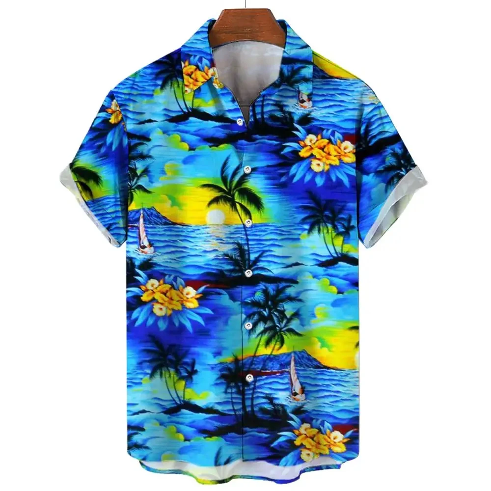 قميص هاواي صيفي الرجال قصيرة الأكمام قميص ثلاثية الأبعاد مطبوعة عطلة عادية الرجال التلبيب زر أسفل قميص الشاطئ قميص الرجال الملابس