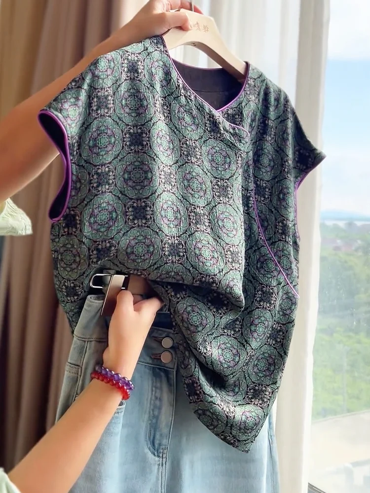 

New Chinese Sle Retro Print Color Blo Small irt Summer 2025 plus Size Versatile Slimming Top Korean Commute Sle Loose...