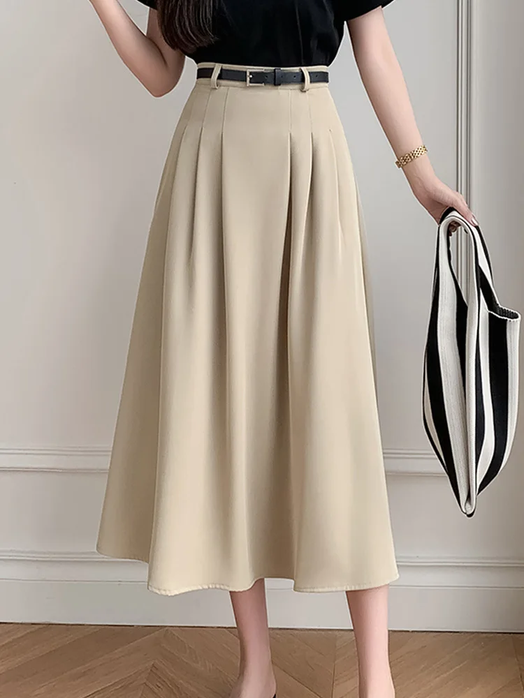 

2023 Summer Korean Long Skirt Women High Waist Skirt Preppy Style Casual A-line Midi Skirt For Girls Ladies Spring And Autumn