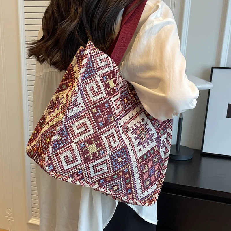 

Large Capacity Canvas Tote Bag Women's Fashion Ethnic Style Portable Mommy Shoulder Bag for Student Class