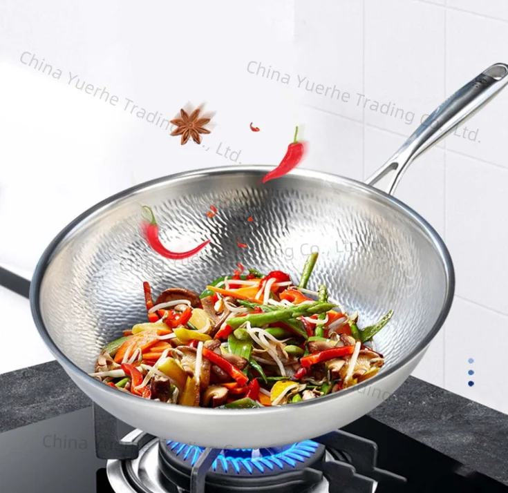Sartén china grande de Wok de titanio sin recubrimiento de 32 cm con tapa de vidrio visible