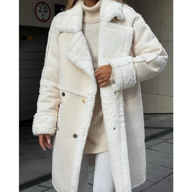 

2025 New Women's Long Coat Loose Cardigan Style Trench Coat Autumn Winter Warm Plush Windbreaker Large Size Korean Style