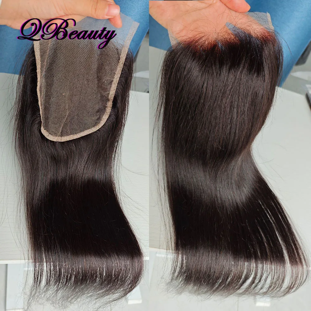 

Human Hair 5*5 Lace Closure Pre-plucked Transparent Lace Free Part 22 inch Natural Black Silky Straight Indian Hair QBeauty