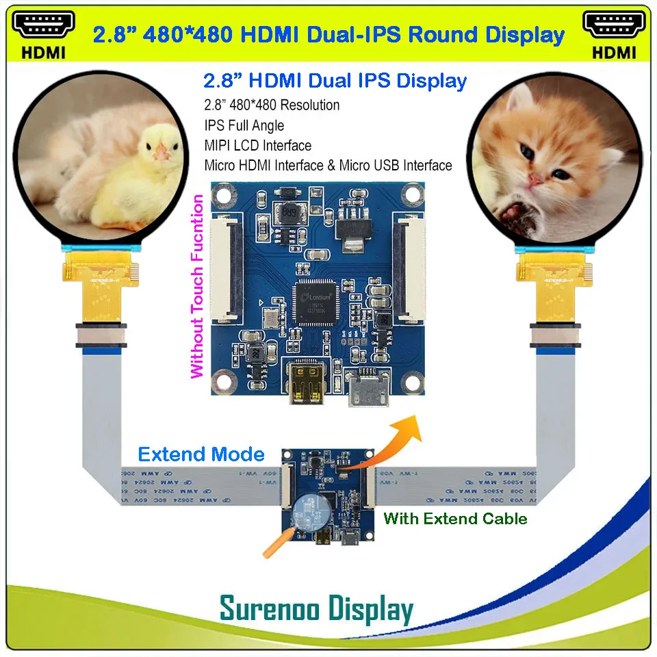 2.1-2.8” 480X480 Round Circle IPS Dual Double LCD Module Display Monitor Screen HDMI-compatible to MIPI without Touch Panel