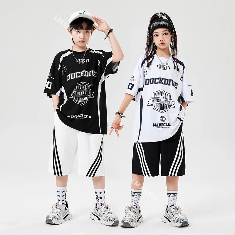 Fashion Hip Hop Dance Costumes for Boys Summer Girls Letter Short Sleeve T-shirt Wide Leg Pants Street Wear Kids Jazz Clothing