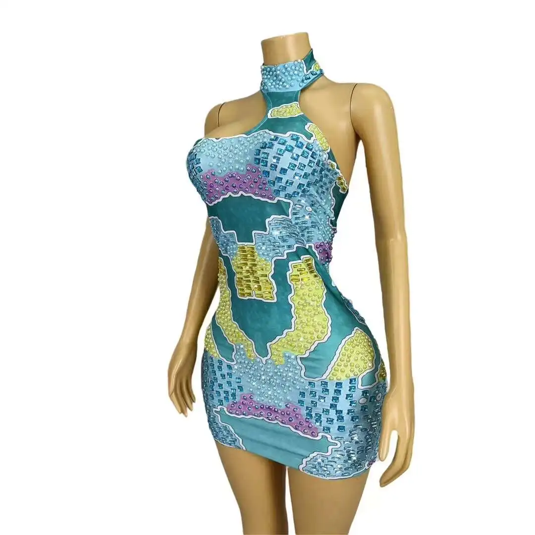 Vestido sin mangas con diamantes de imitación de mapa de lujo para celebración de cumpleaños, traje de verano para cantante de fiesta, disfraz Sexy de colección, Ditu