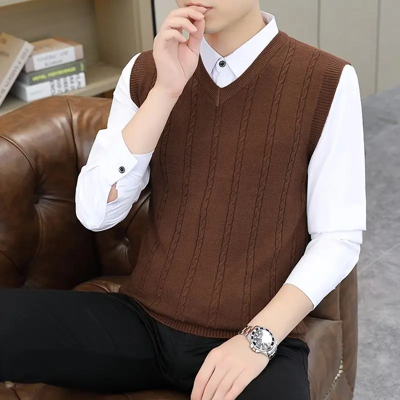 

Men's Student Korean Style V-Neck Knitted Vest Slim Fit Solid Color Base Layer Cardigan Casual Daily Commute Spring Autumn