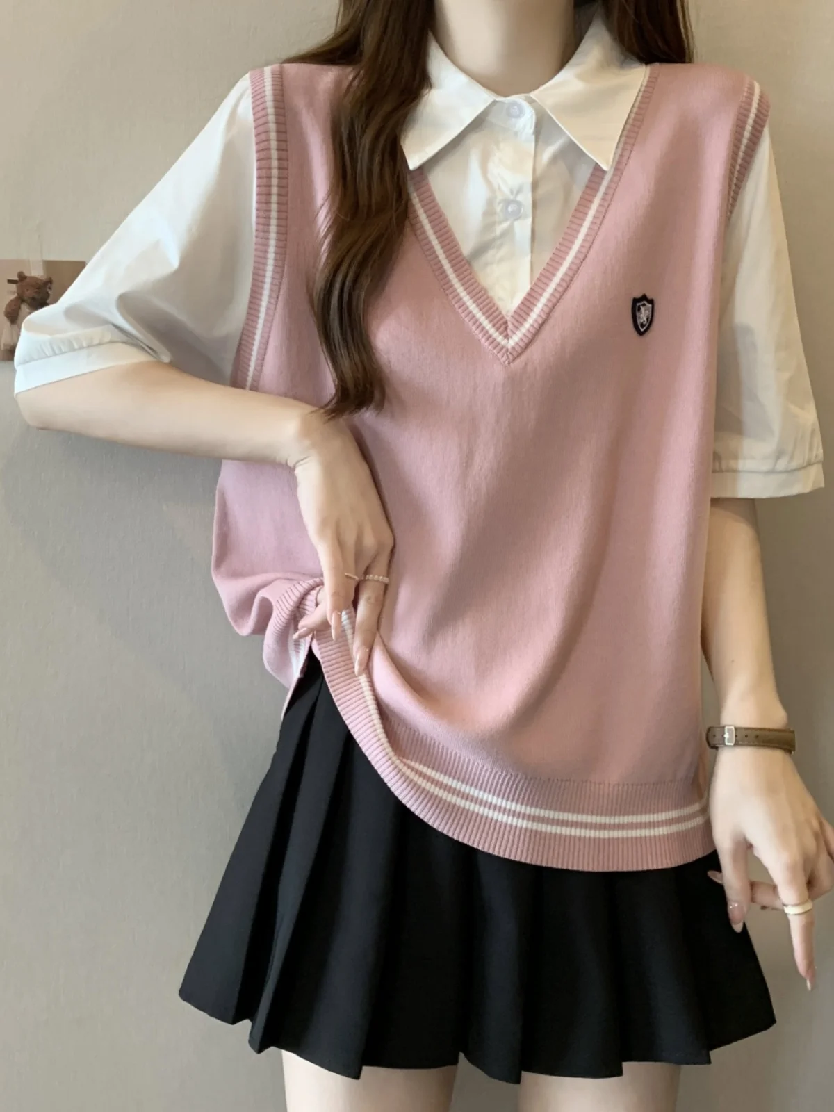 

Loose Pink Short Sleeve Shirt Vest plus Size Women's Summer Clothes Cover Belly Anti-Aging College Style Top for Younger Look