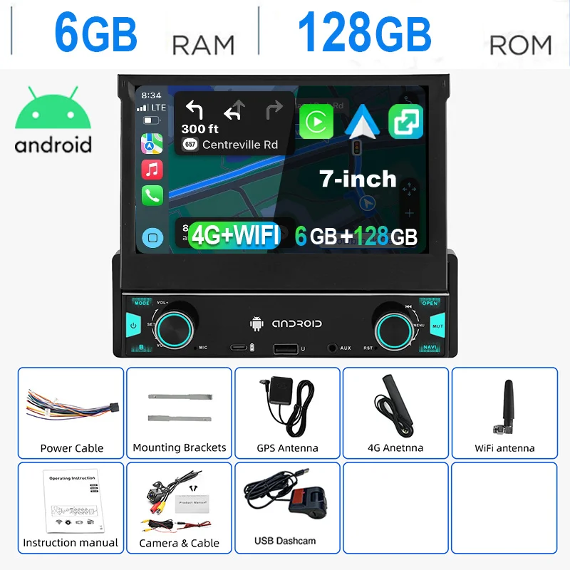 ESSGOO Autoradio Android15 7" 6+128 GB 1 DIN Handmatig Intrekbaar Uitklapbaar Aanraakscherm 4G LTE Draadloze CarPlay Android Auto RDS Equalizer GPS Navigatie WiFi Bluetooth FM AM Mirror Link