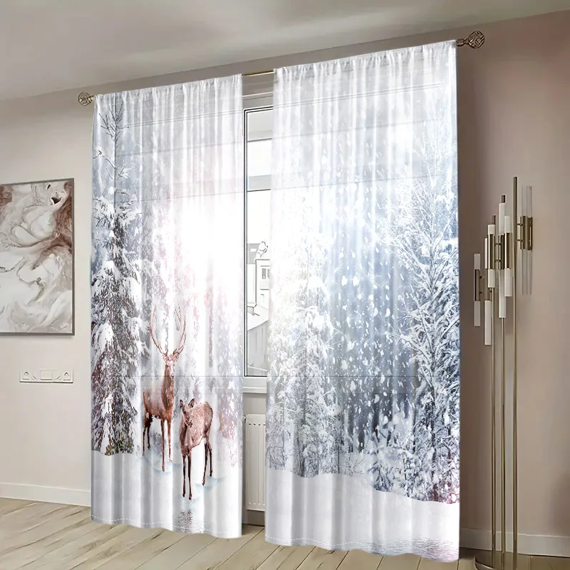 2 pieces, reindeer curtains in winter forest snow -30% blackout - suitable for living room, bedroom, kitchen, home decoration