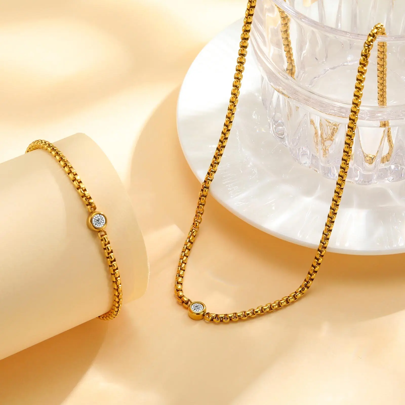 

Minimalist 2pcs Set Bracelet Necklace for Women, Stainless Steel Chain Collier, Fashion Party Birthday Gift