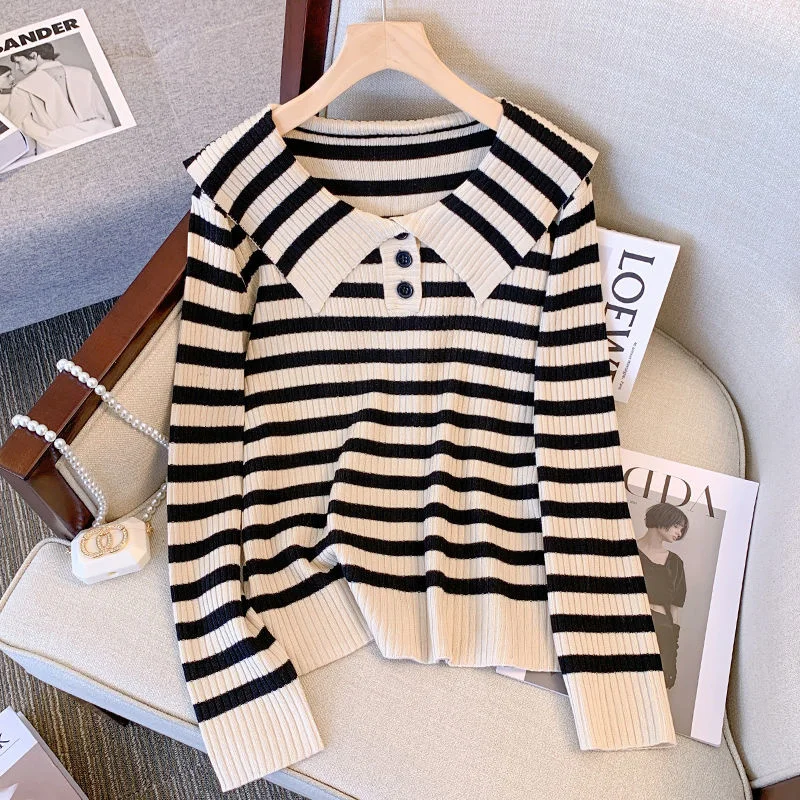 2022 Large Pullovers Sweaters L-4XL Oversize Women Clothing Autumn Winter Loose Striped Long Sleeve Knitted Jumpers Tops