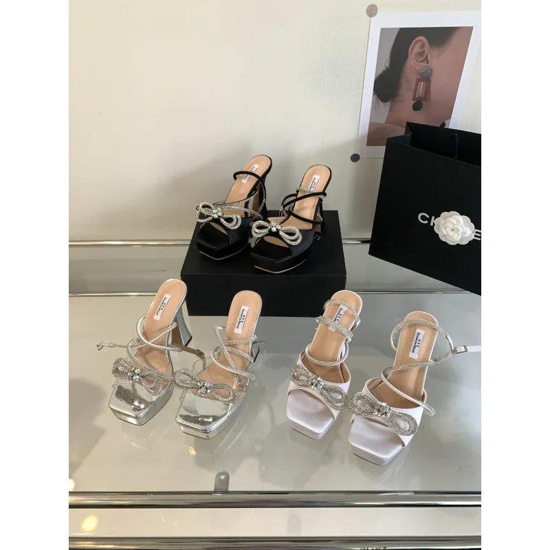 Comfort Shoes for Women High Heel Sandals 2024 Summer Suit Female Beige Square Toe High-heeled Bow New Black Low Fashion Rhinest