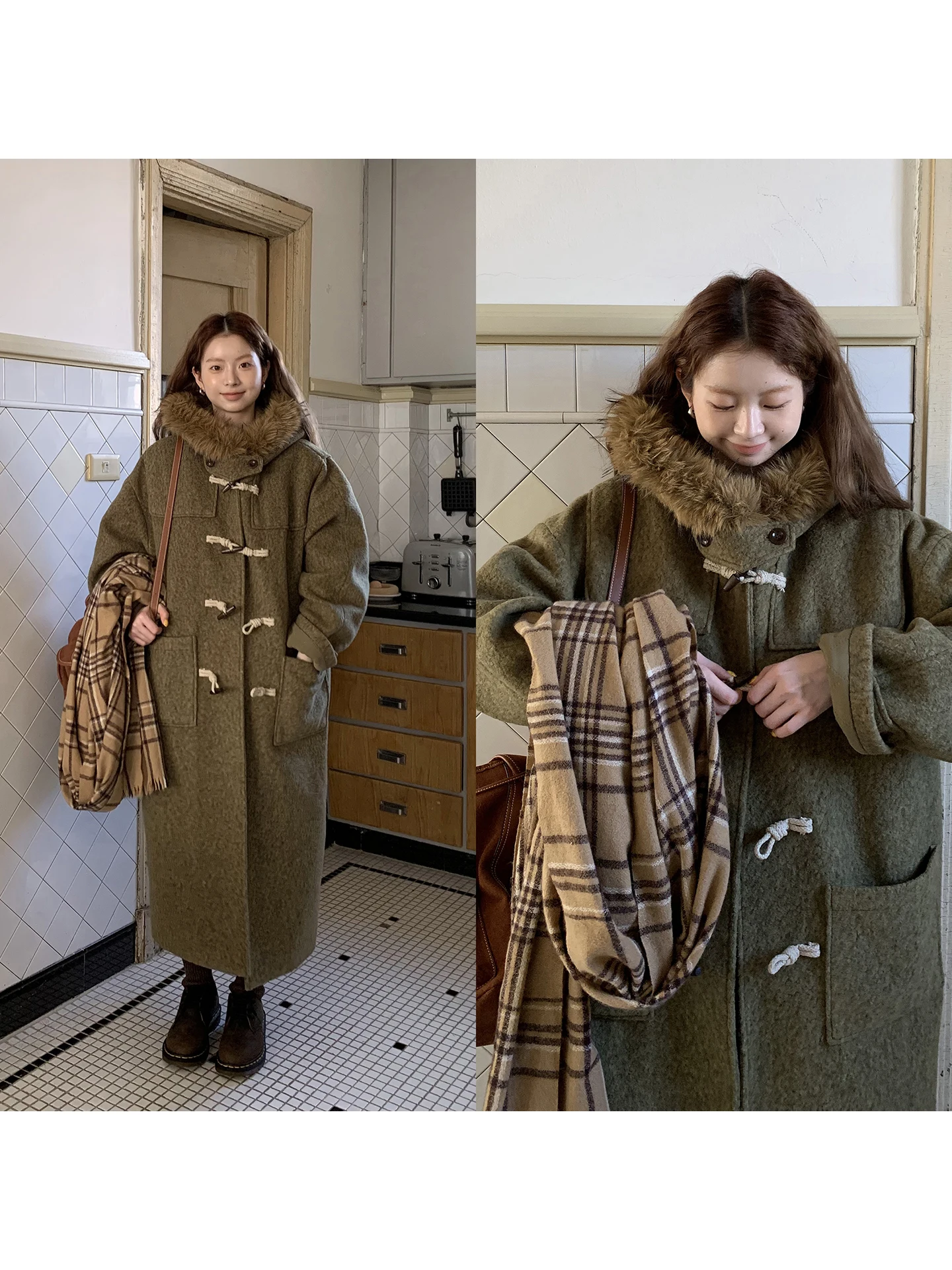 

Red Celebri Studio Winter Thiened Long Woolen Coat Women's Sle Horn Button Cotton Blend Outerwear Ele Lapel Coat