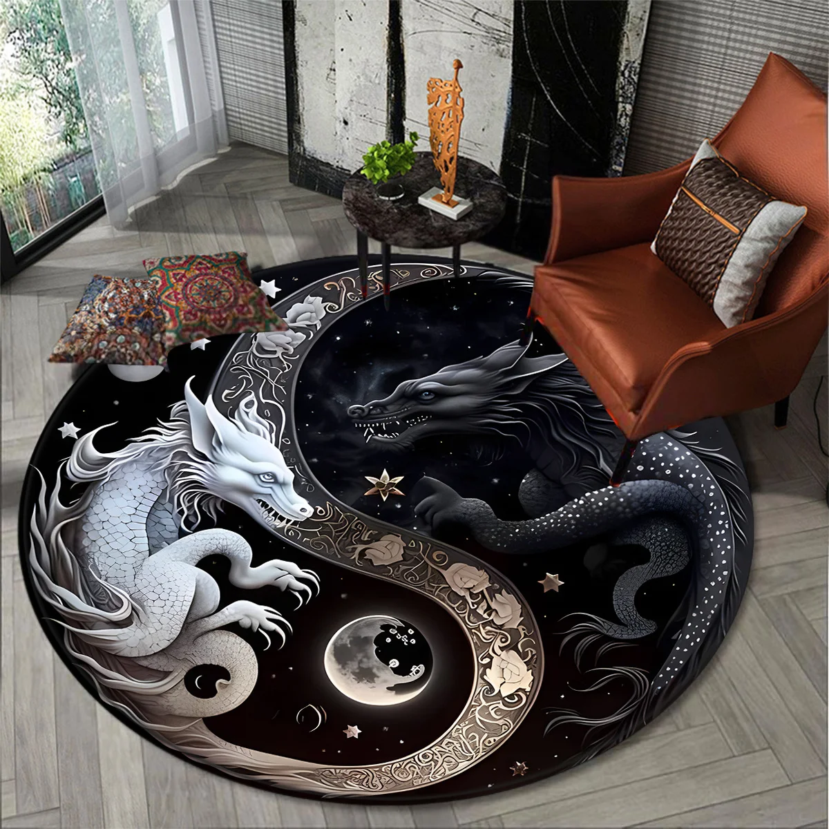 Modern Dragon Pattern Area Round Rug Dragon Carpet Home Hotel Living Room Non-slip Floor Mats for Bedroom Laundry Room Rug Decor