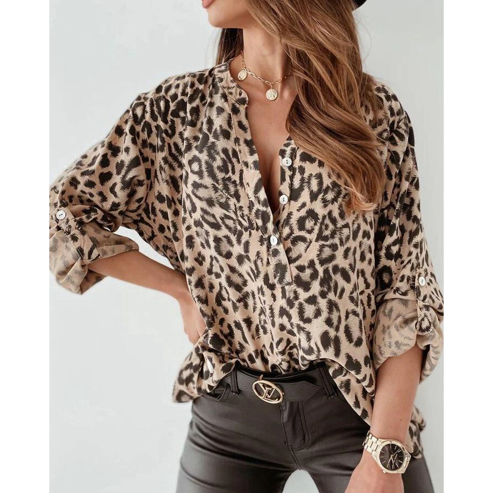 Blusa feminina com estampa leopardo manga em rolo, blusa casual, design abotoado, moda primavera, elegante outwear, camisas, traf