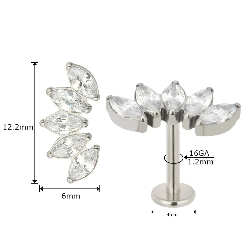 ASTM F136 Titanium EAR PIERC 5 Marquise Zircon Paved Top Threaded Labret Studs Tragus Pircing Earrings Lip studs Body Jewelry