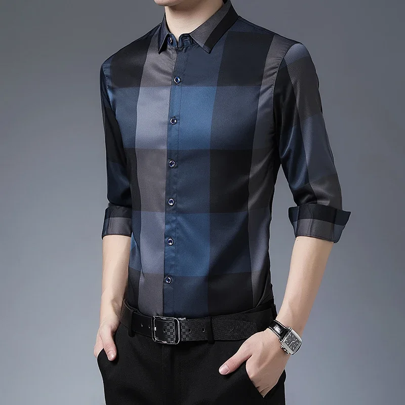 Autumn long sleeved shirt for men Business casual long sleeved plaid shirt for men