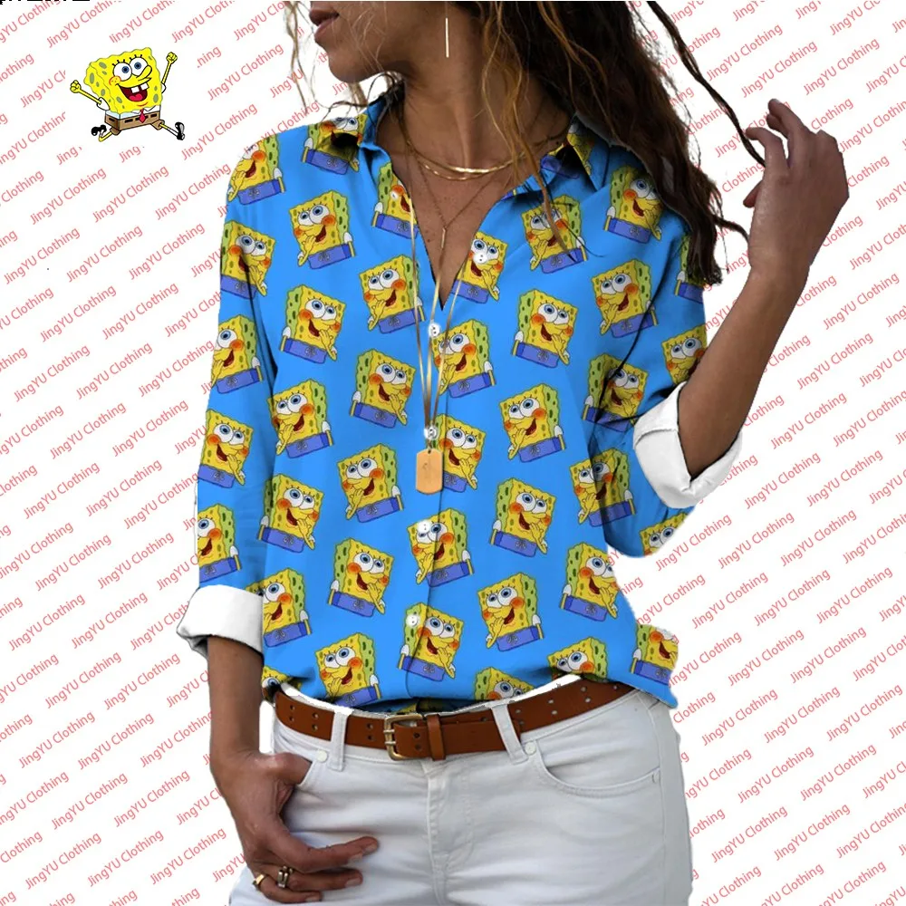 2024 Fashion New Lapel Long Sleeve Single Breasted Shirt Spongebob Pattern Printed Women\'s Casual All-match Shirt y2k