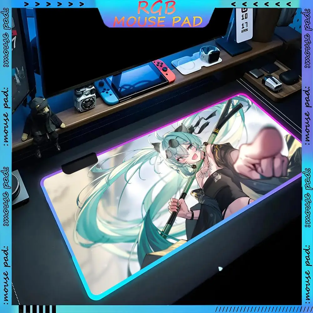 H-Hatsunes Miku Mouse Pad RGB Pc Accessories LED Game Desk Mat E-sport Table Protector Neon Keyboard Mat Backlit Carpet Rug Give