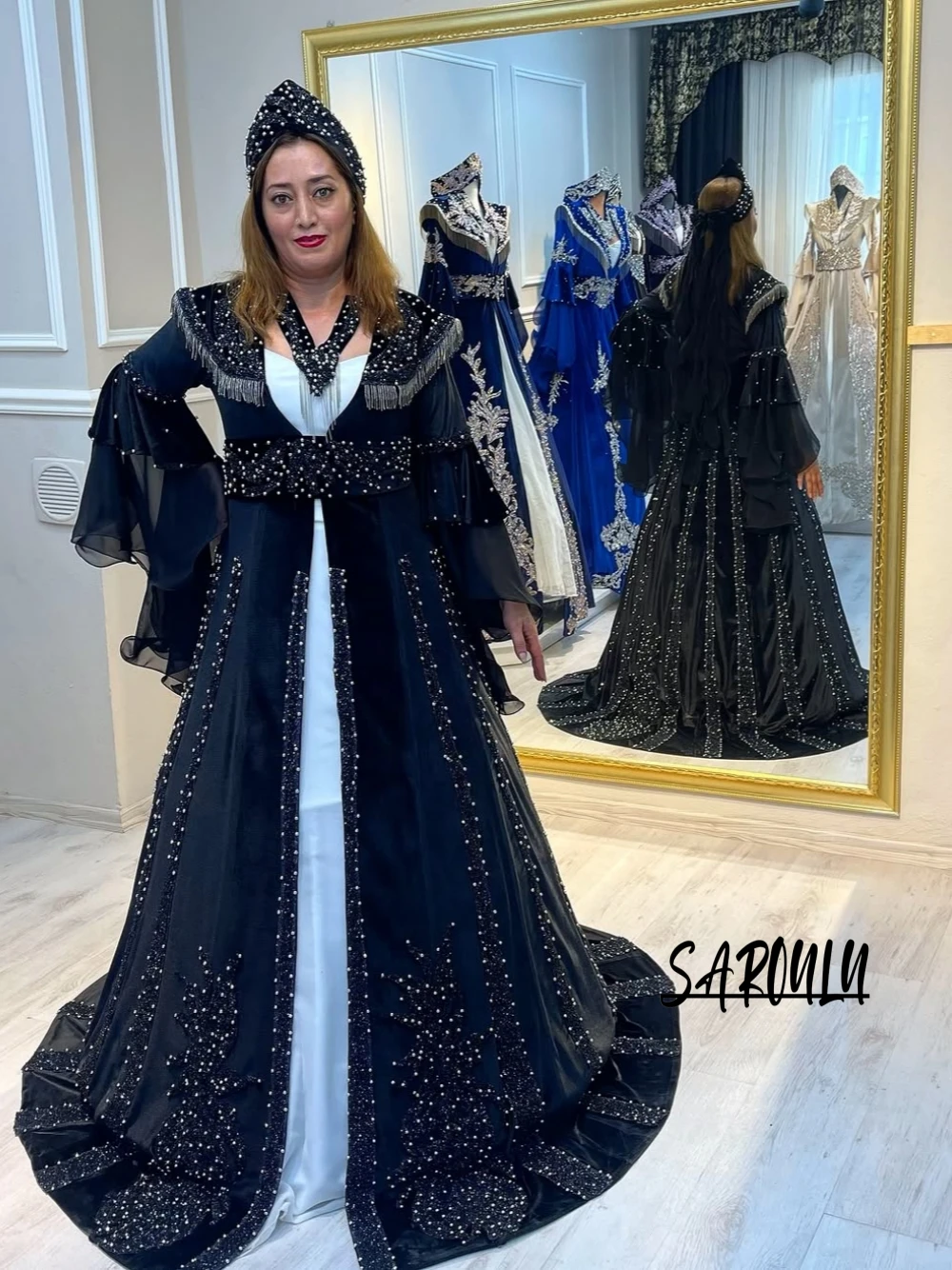 

Stunning Beaded Pearls Arabic Evening Dress Modest Muslim Prom Gown Customized Kaftan Women Wedding Guest Night Party Tassel