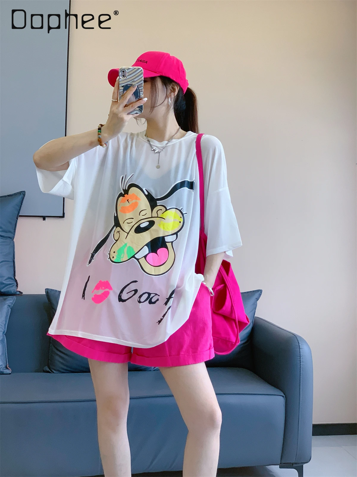 

Summer New Ice Silk Cartoon Letter Short Sleeve T-Shirt for Women Loose Breathable Cool Sun Protection Half Sleeve top