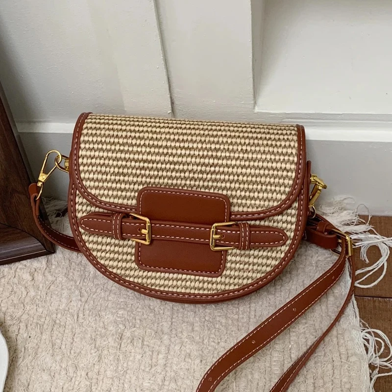 

England Style Mini Straw Saddle Bags For Women Luxury Designer Handbag Purses 2026 New In Papyrus Knitting With PU Belt Shoulder