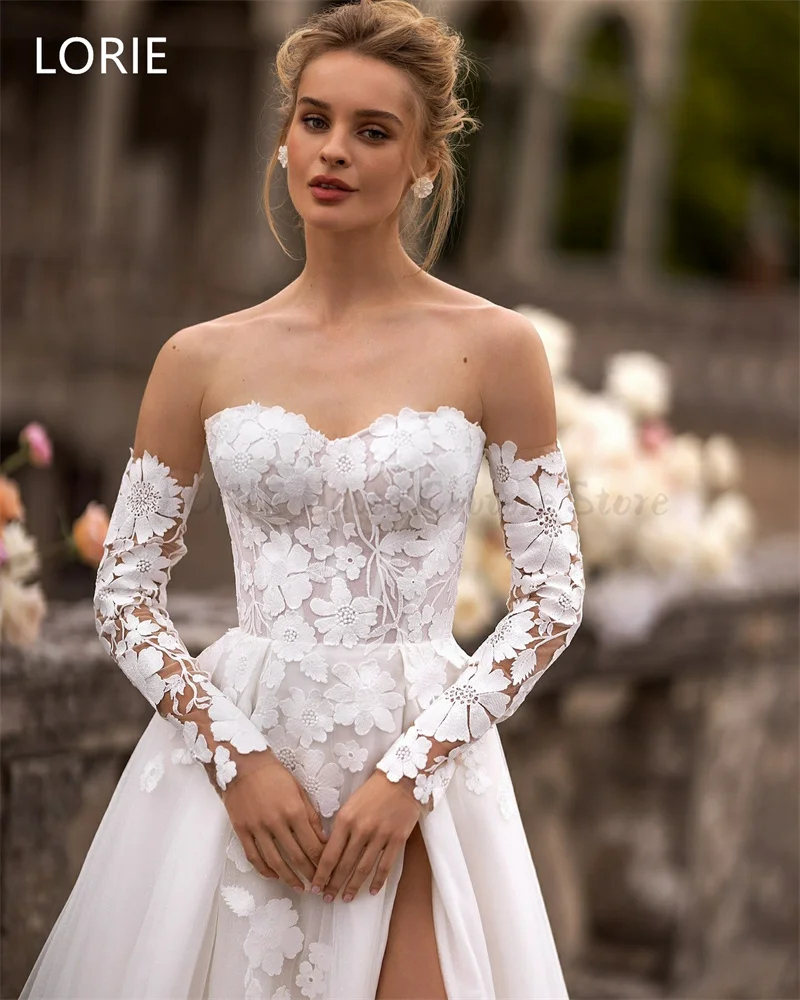 LORIE Seksowne suknie ślubne w kształcie litery A, aplikacje kwiatowe, rozcięcie boczne, elegancka suknia ślubna bez pleców, szyte na miarę, 2025