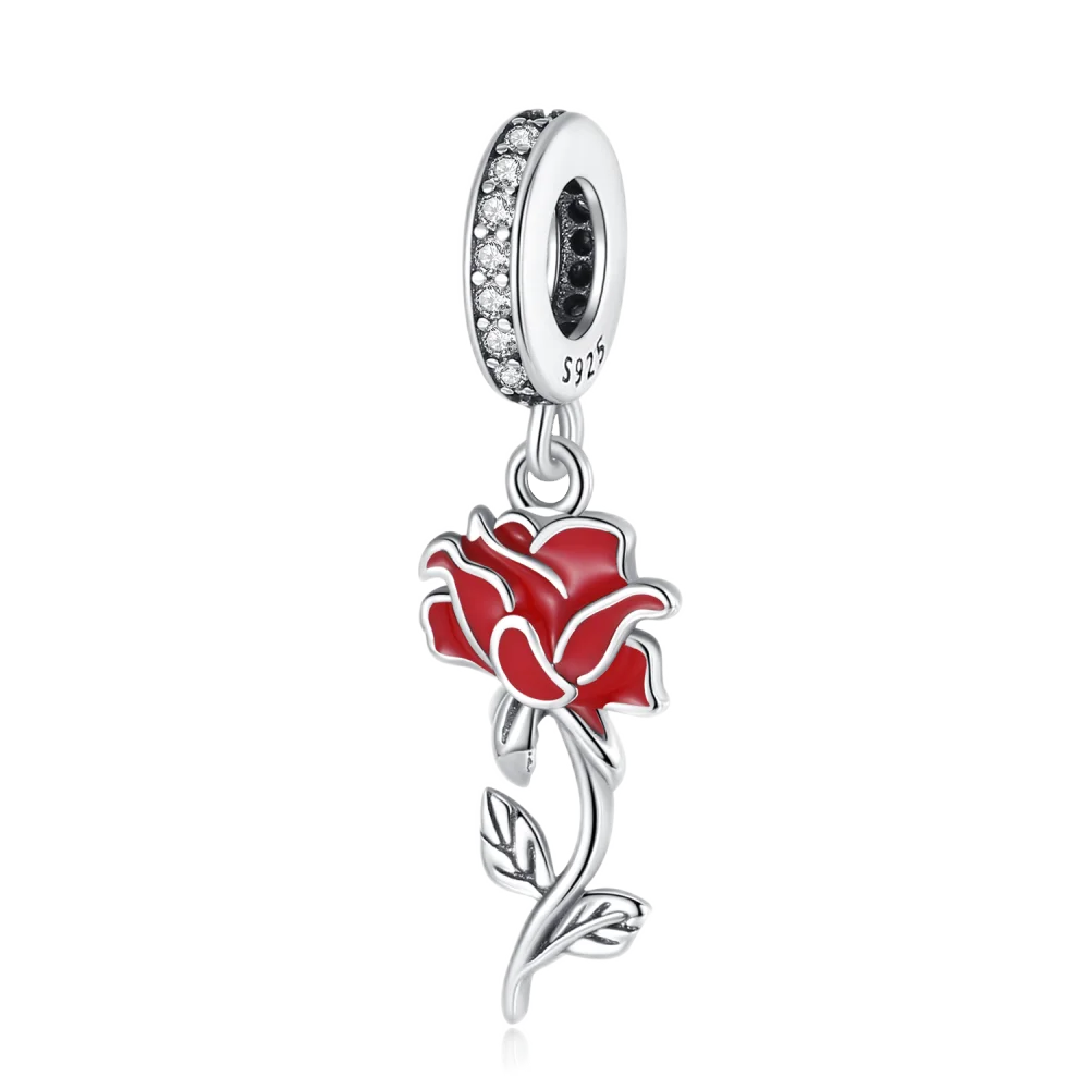 

Unique 925 Sterling Silver Red Rose Branch Charm Fit Pandora Bracelet For Women's Propose Party Fashion Jewelry Accessories