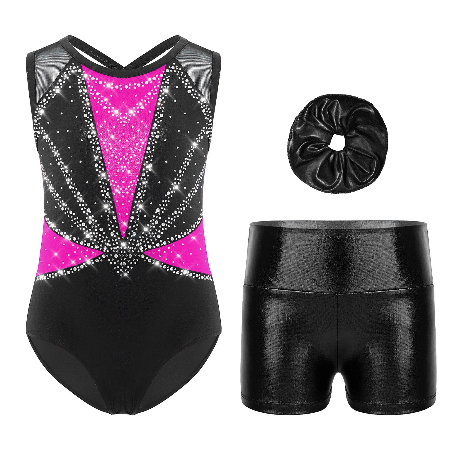 

Kids Girls Ballet Latin Dance Outfit Gymnastic Leotard with Metallic Shorts And Headwear for Stage Ballroom Dance Performance