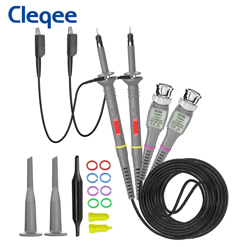 Cleqee P6100 2pcs 100MHz BNC Oscilloscope Probe Kit DC-100MHz Alligator Clip Test Probe for Tektronix HP X1/X10